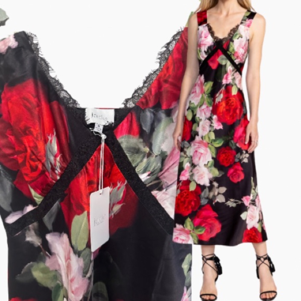 NWT JOHNNY WAS RED & BLACK FLORAL SILK BLEND 
SLIP MIDI DRESS